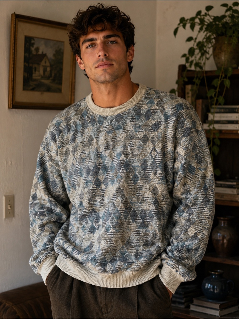Crewneck Sweater in Blue and Cream - Classic Geometric Knit